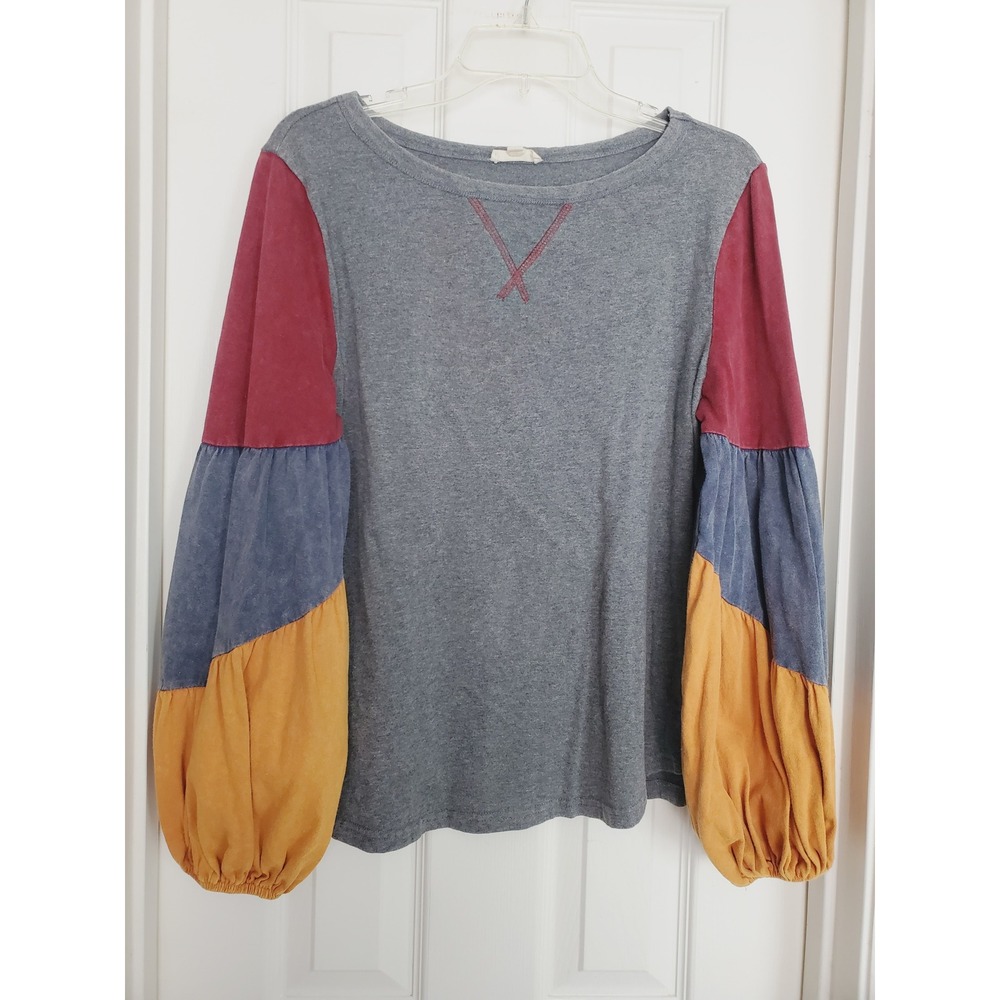 ODDI Colorblock Balloon Sleeve Top Gray Red Blue Yellow Boho Fairy S